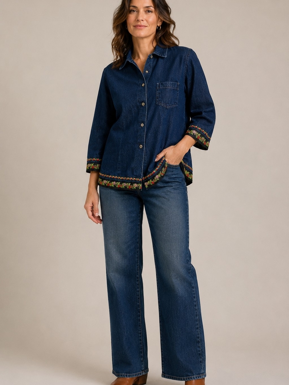 Denim & Co Embroidered Floral Trim Denim Shirt Button Up Jacket Medium